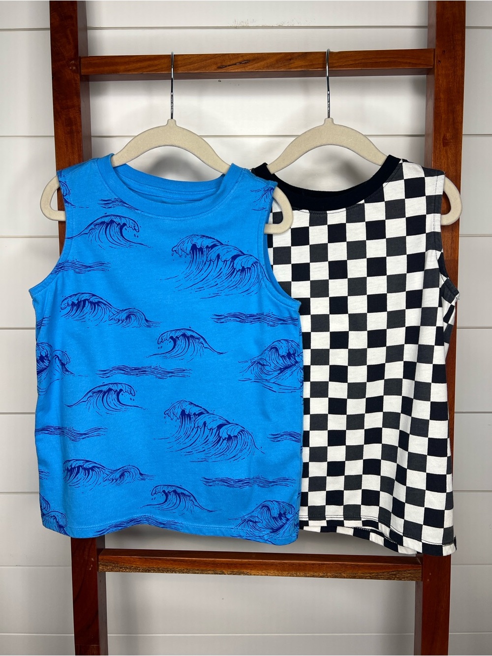 (2) Cat & Jack Kids Tanks - Bright Blue Wave & Black White Check